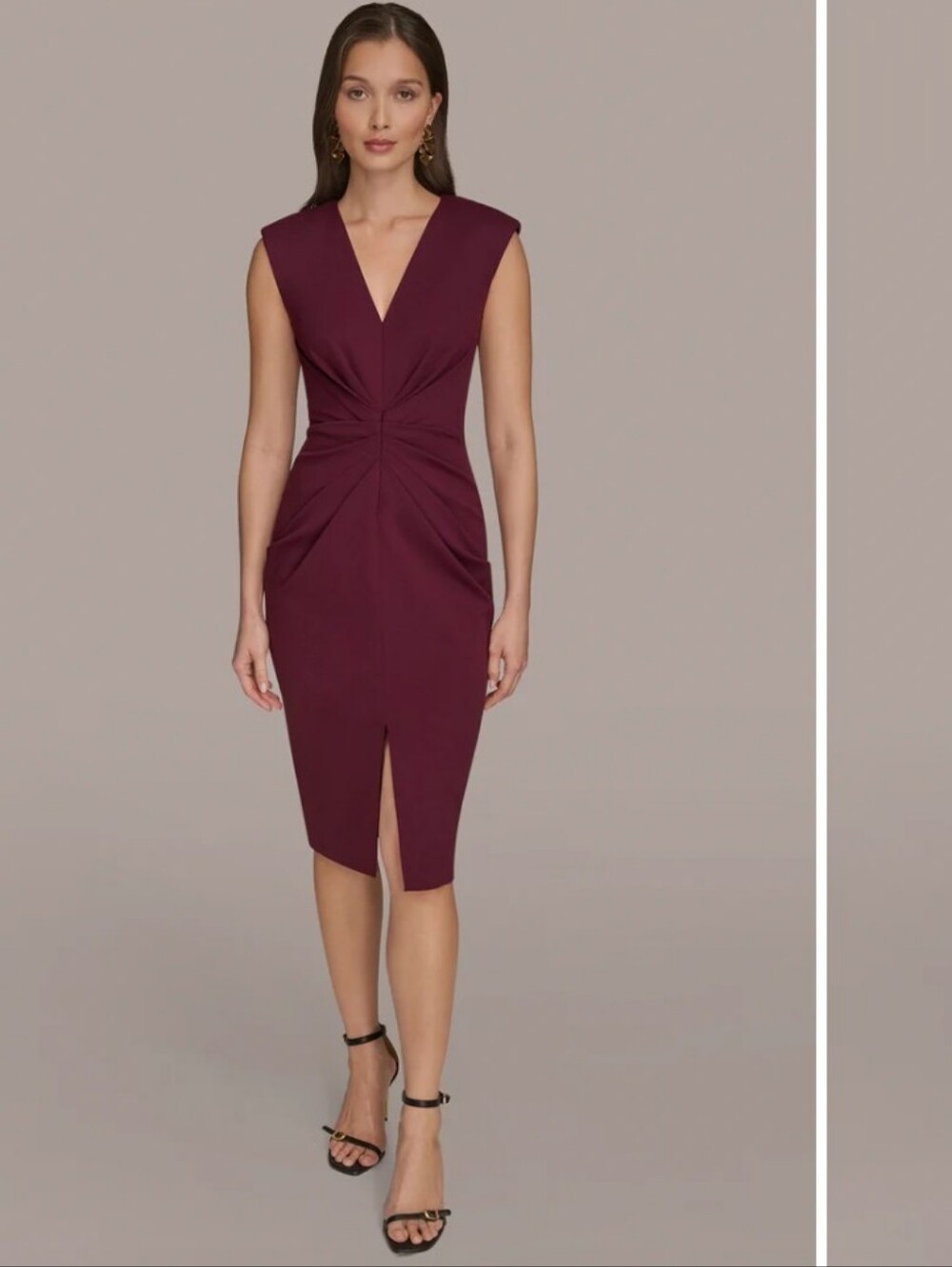 Donna Karan Gathered Split Front Midi Sheath Dress SZ 10 - Berry